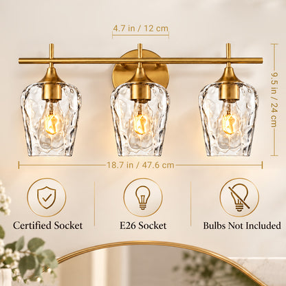 Aurelia 3-Light Gold Clear Hammered Glass Bathroom Vanity Light