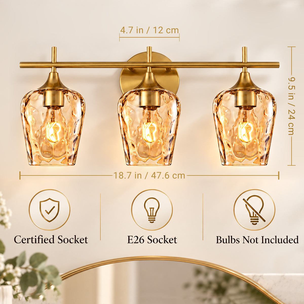 Aurelia 3-Light Gold Amber Hammered Glass Bathroom Vanity Light