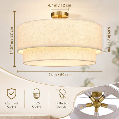 Aeris 24" Semi Flush Mount Ceiling Light, Gold 5-Light Double-Layer Drum Light Fixture with Linen Shade