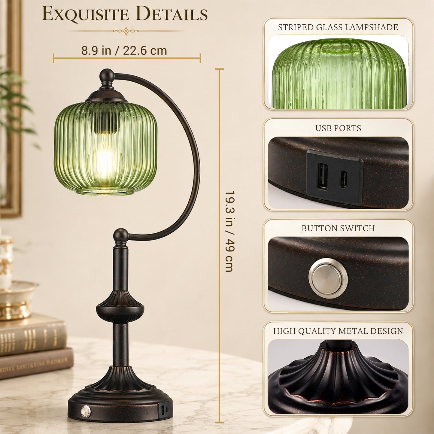 Cozyloom Black Table Lamp with Green Ribbed Glass Shade and USB-C + USB-A Charging Ports