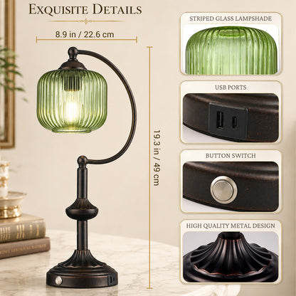 Cozyloom Black Table Lamp with Green Ribbed Glass Shade and USB-C + USB-A Charging Ports