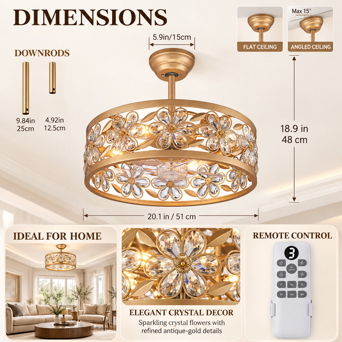 Gildex 20-Inch Gold Crystal Flower Fandelier with Light