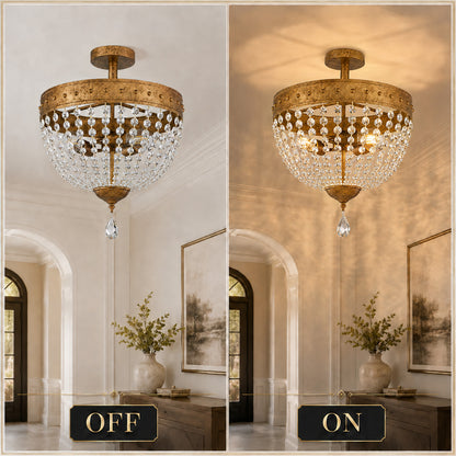 Gildex 15.8Inch Vintage Crystal Semi Flush Chandelier, 3-Light, Antique Gold