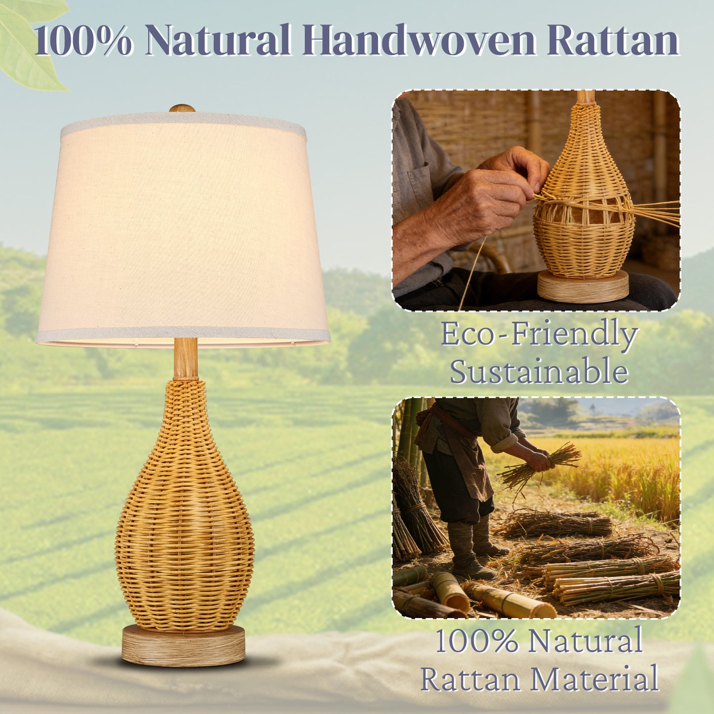 Cozyloom Rattan Table Lamp with Rotary Switch Set of 2