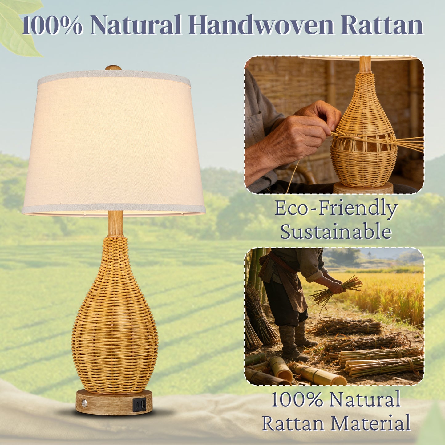 Cozyloom Rattan Table Lamp with USB Ports