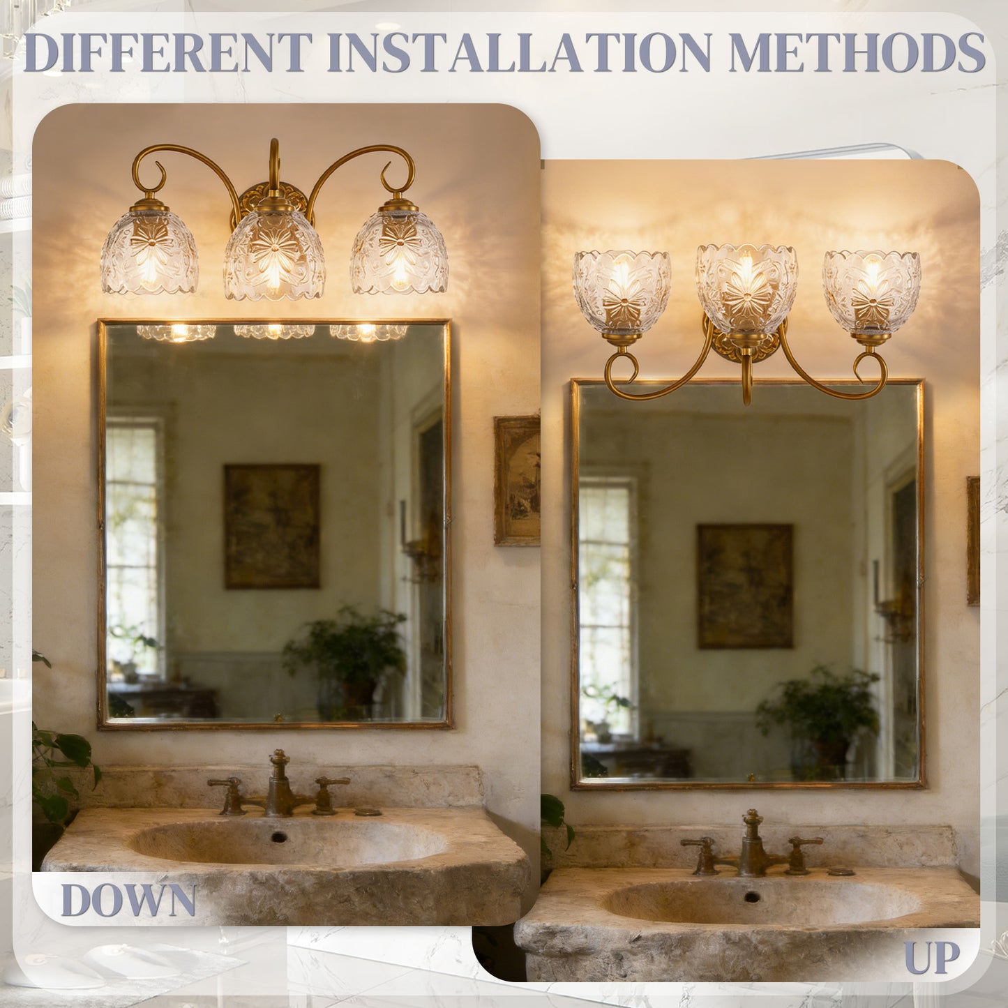 Aurelux Gold 3-Light Glass Floral Vanity Light  Fixture