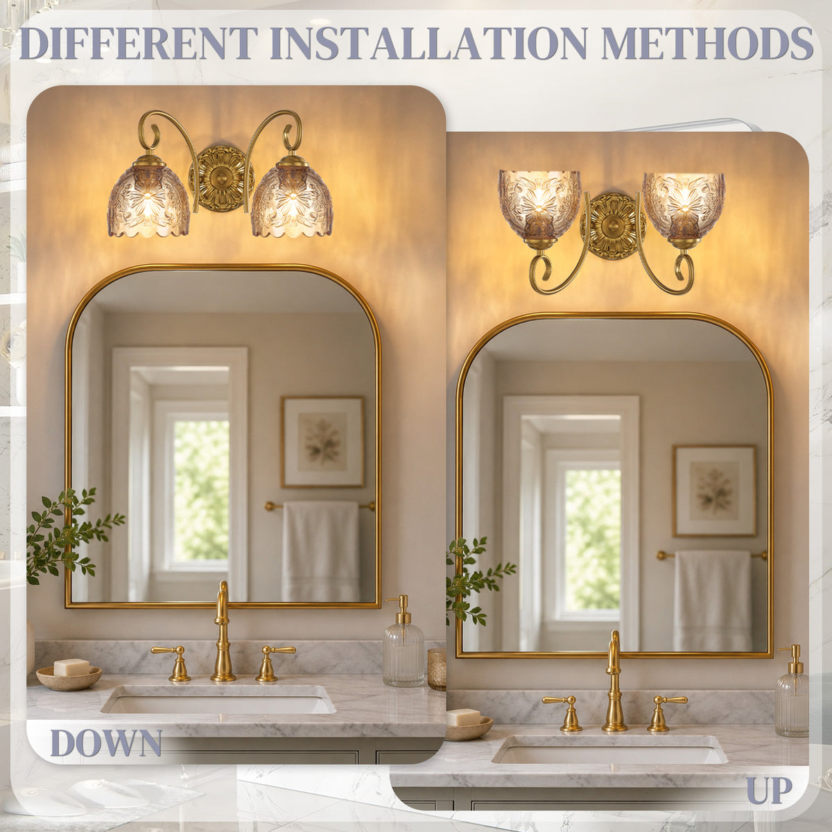 Aurelia Gold Vintage Bathroom Vanity Light, Amber Embossed Glass, 2-Light