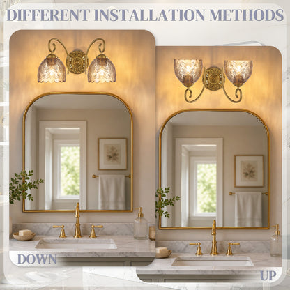 Aurelia Gold Vintage Bathroom Vanity Light, Amber Embossed Glass, 2-Light