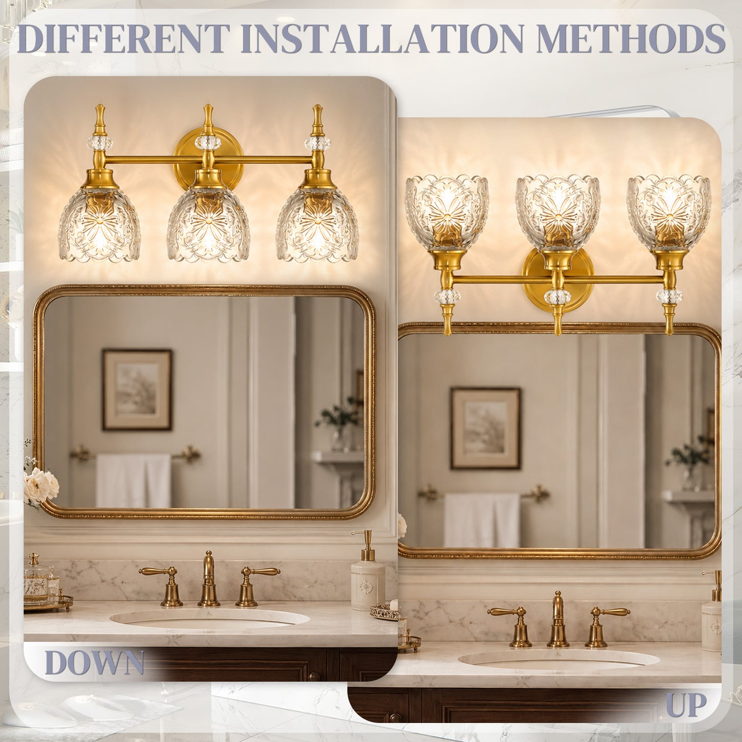 Aurelia 3-Light Floral Glass Vanity Light Brushed Gold Bathroom Vanity Light with Floral Glass Shades