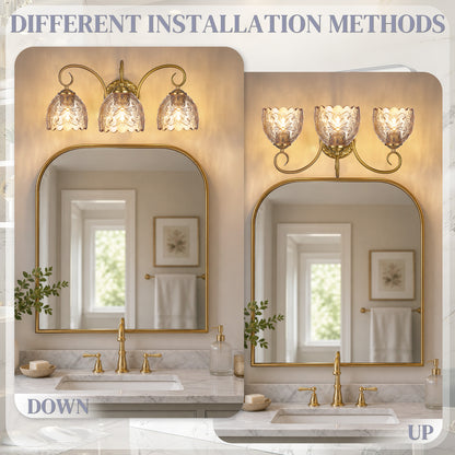 Aurelia Gold Vintage Bathroom Vanity Light, Amber Embossed Glass, 3-Light