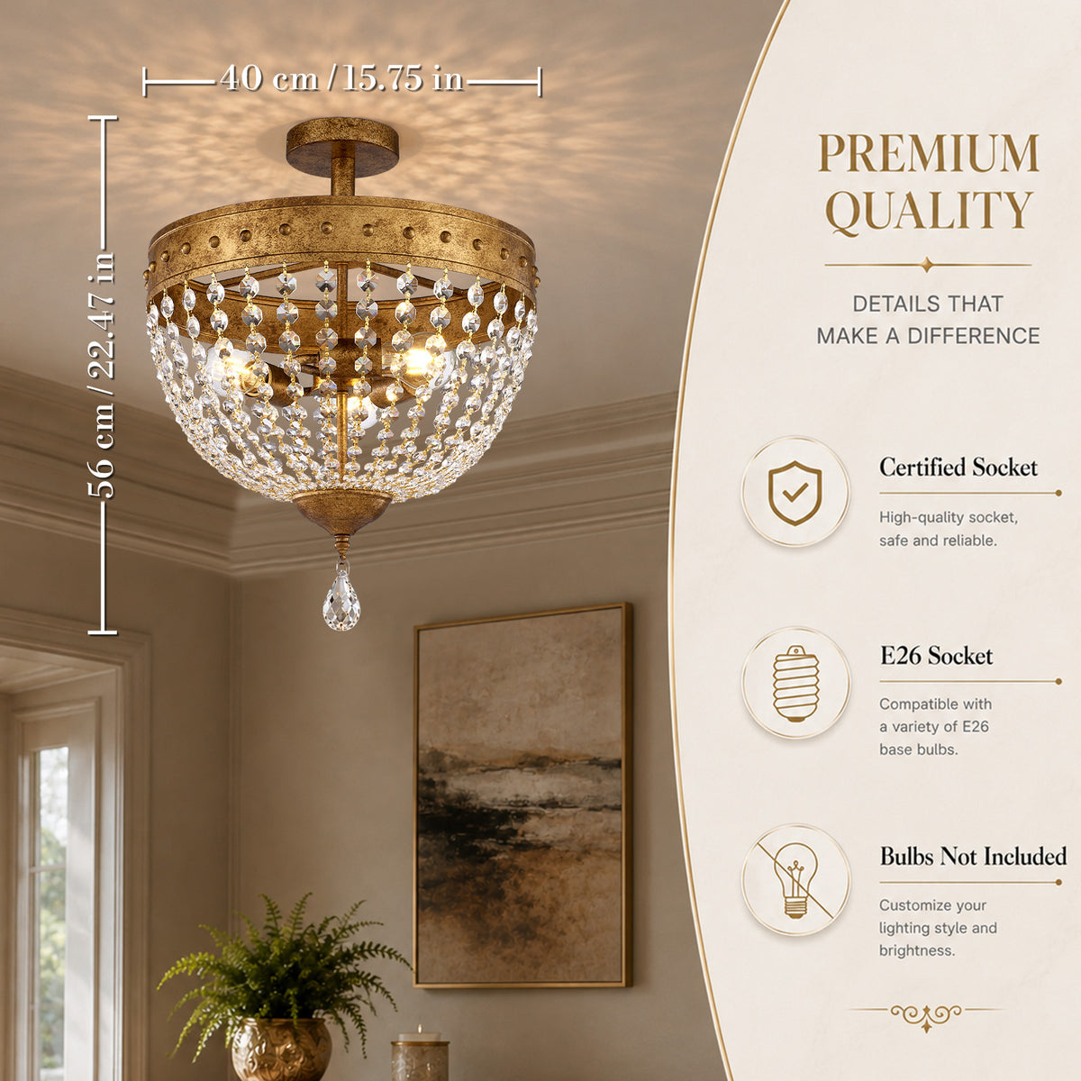 Gildex 15.8Inch Vintage Crystal Semi Flush Chandelier, 3-Light, Antique Gold