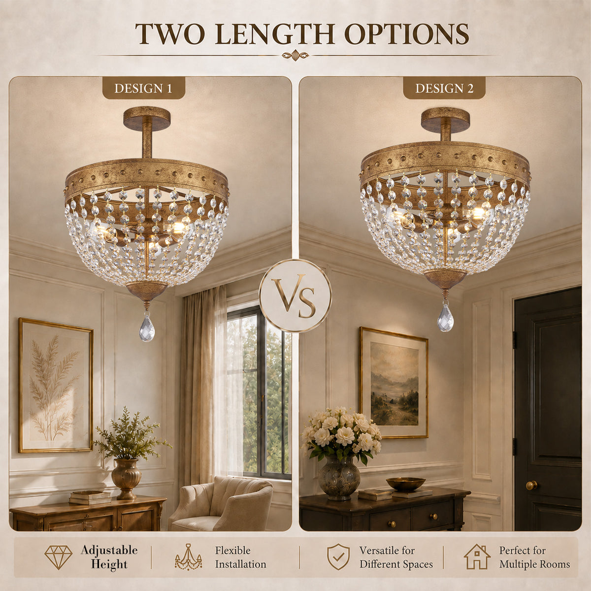 Gildex 15.8Inch Vintage Crystal Semi Flush Chandelier, 3-Light, Antique Gold