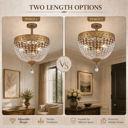 Gildex 15.8Inch Vintage Crystal Semi Flush Chandelier, 3-Light, Antique Gold