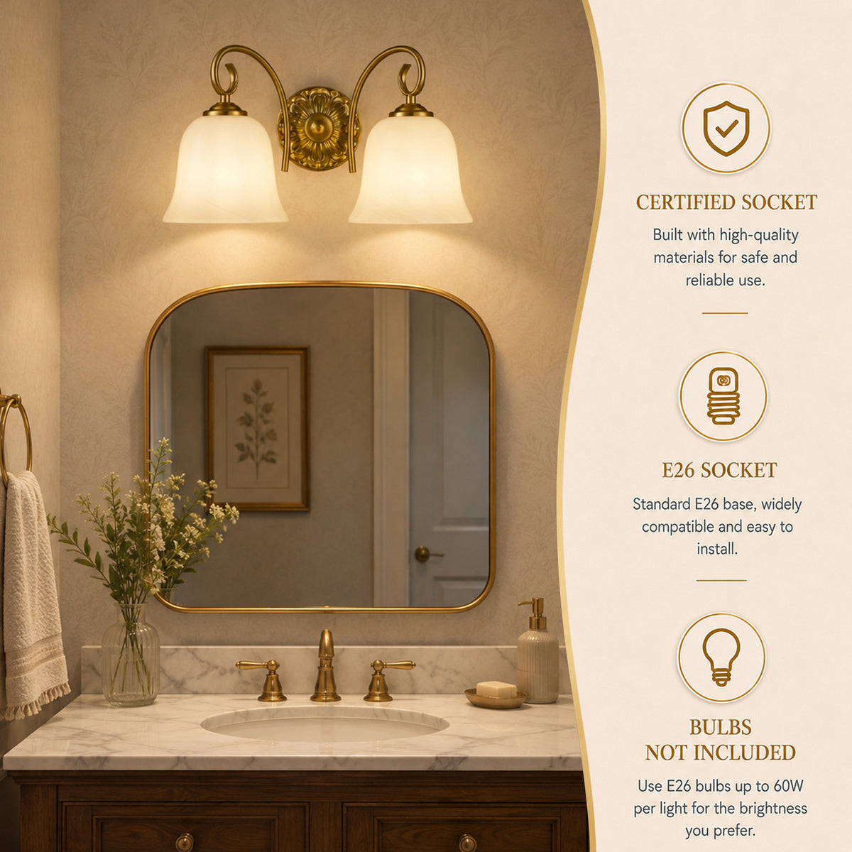 Aurelia Gold Vintage Bathroom Vanity Light, Milky White Glass, 2-Light