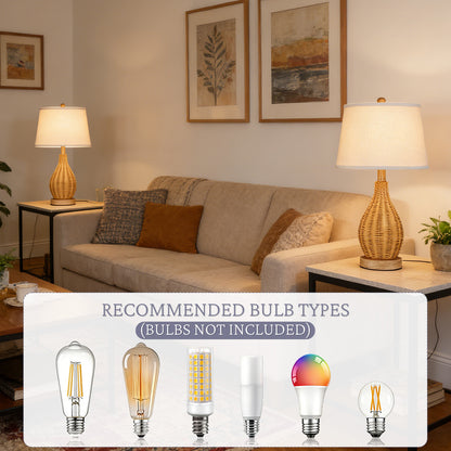 Cozyloom Rattan Table Lamp with Rotary Switch Set of 2