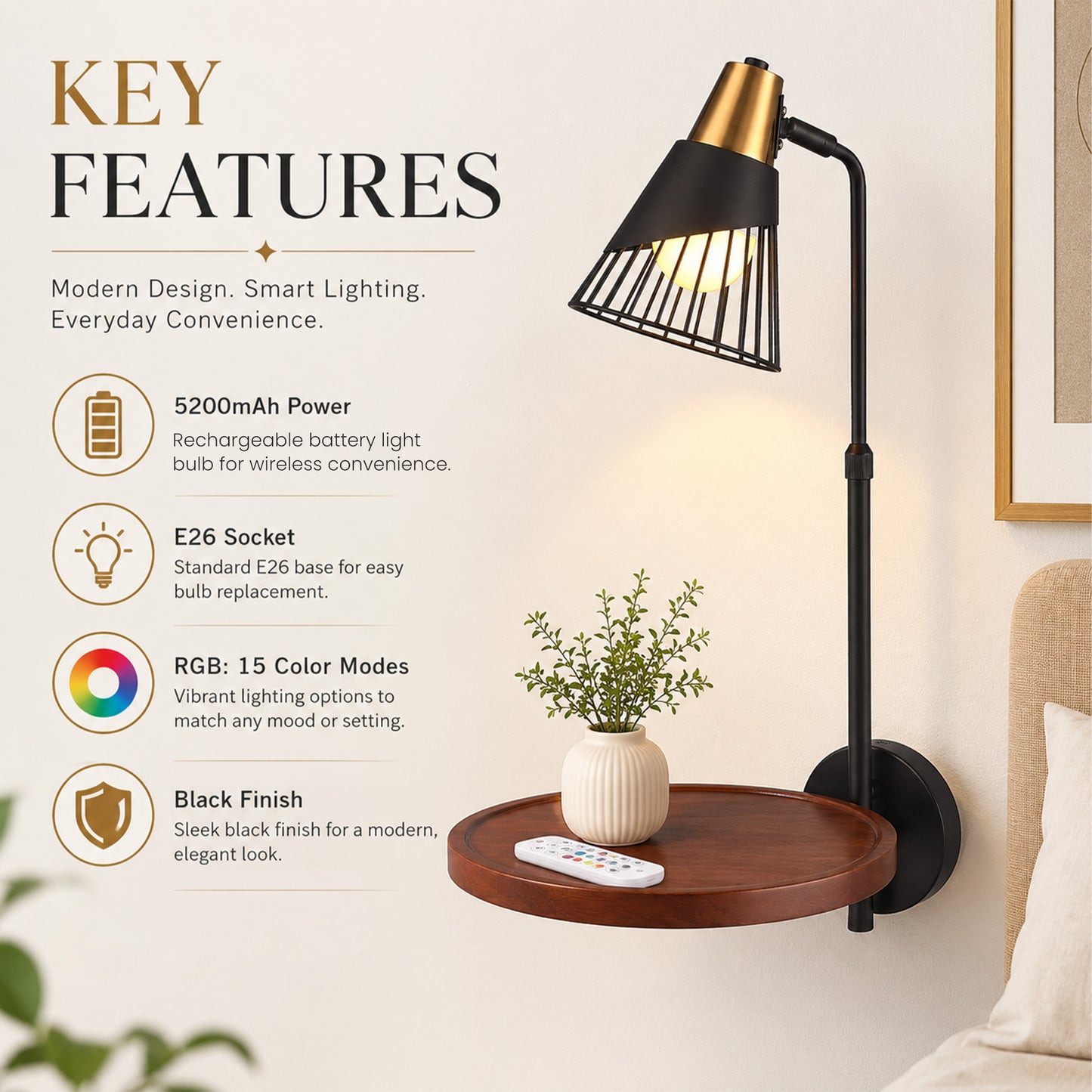Aurelia  Cordless Wall Sconce with Shelf, Rechargeable RGB Lamp