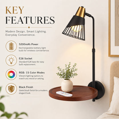 Aurelia  Cordless Wall Sconce with Shelf, Rechargeable RGB Lamp