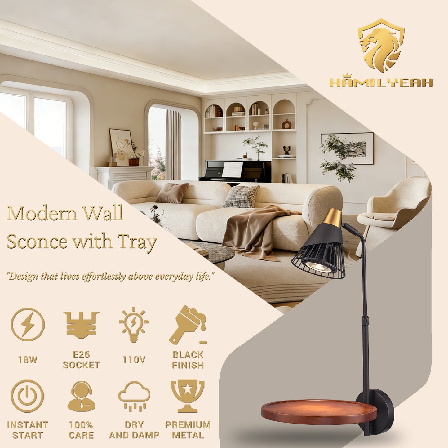 Aurelia  Plug in Black Wall Light with Shelf