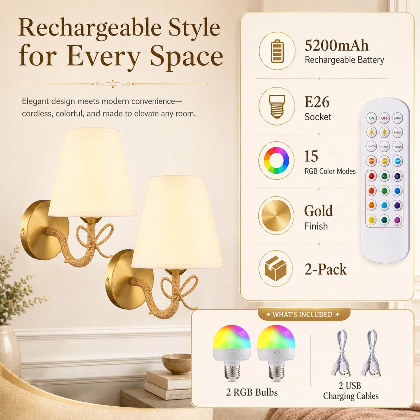 Aurelia  Gold Bow Cordless Wall Sconces Set of 2 with Rechargeable RGB Bulbs