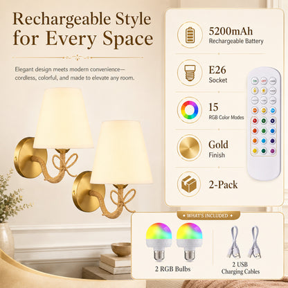 Aurelia  Gold Bow Cordless Wall Sconces Set of 2 with Rechargeable RGB Bulbs