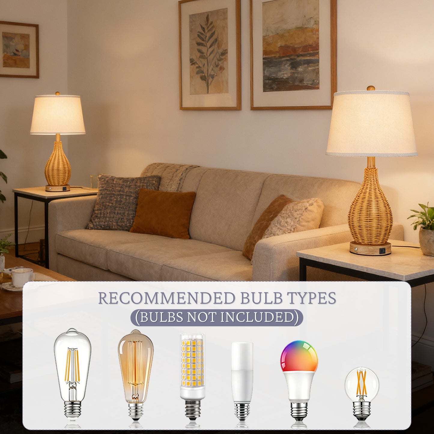 Cozyloom Rattan Table Lamp with USB Ports