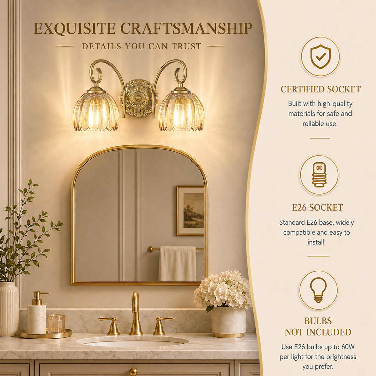 Aurelia Gold Vintage Bathroom Vanity Light, Amber Ribbed Glass, 2-Light