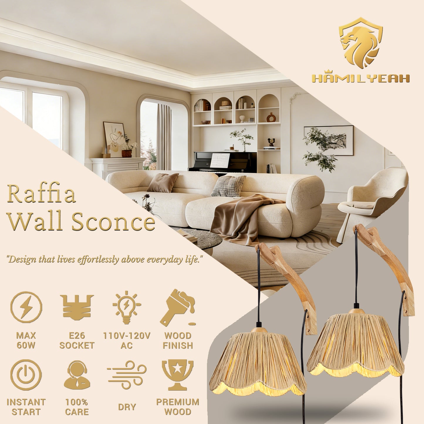 Aurelia 13inch Set of 2 Wall Light with Plug in Cord , Boho Raffia Shade