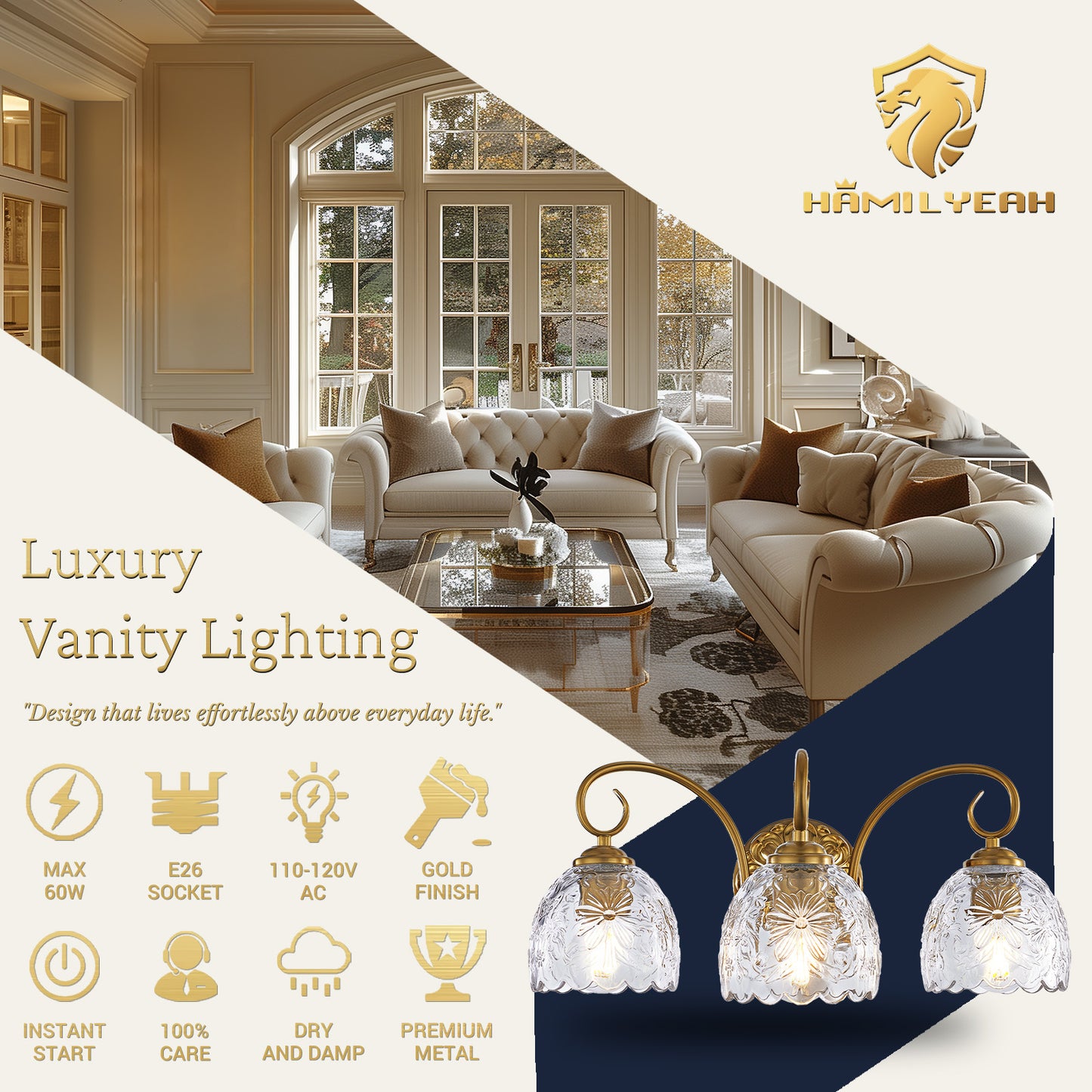 Aurelux Gold 3-Light Glass Floral Vanity Light  Fixture