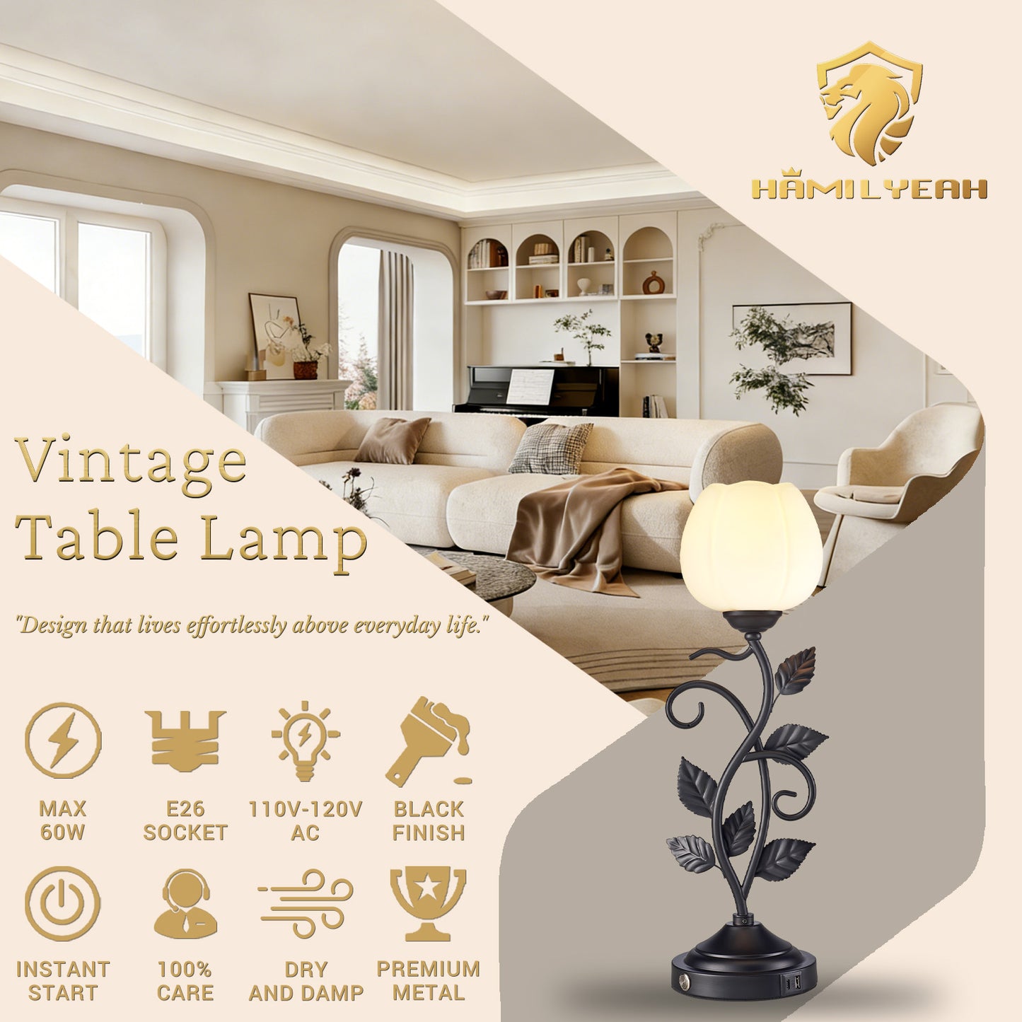 Cozyloom Black Vintage Table Lamp with USB