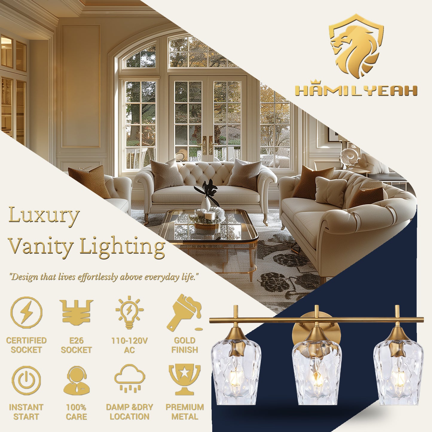 Aurelia 3-Light Gold Hammered Glass Vanity Light