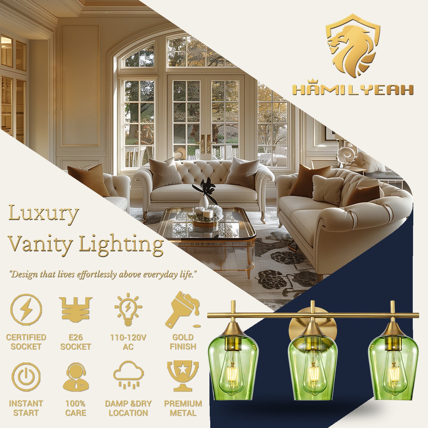 Aurelia 3-Light Gold Green Glass Vanity Light
