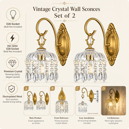 Aurelia Vintage Gold Crystal Wall Sconces Set of 2