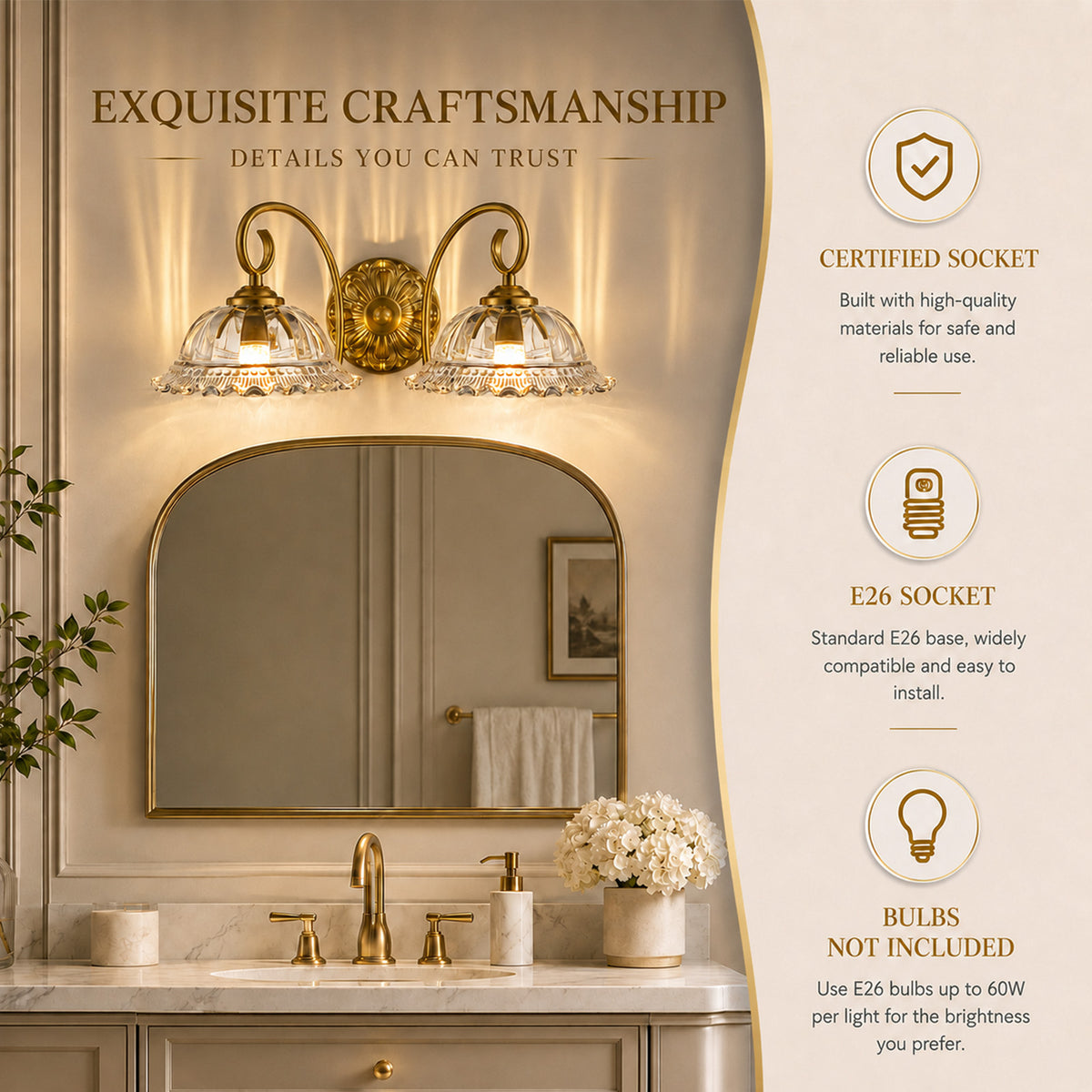 Aurelia Gold Vintage Bathroom Vanity Light, Clear Floral Glass, 2-Light