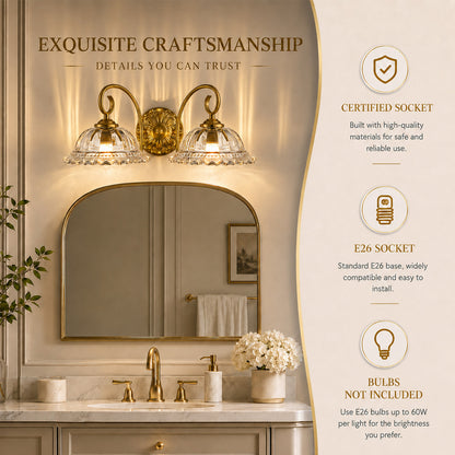 Aurelia Gold Vintage Bathroom Vanity Light, Clear Floral Glass, 2-Light