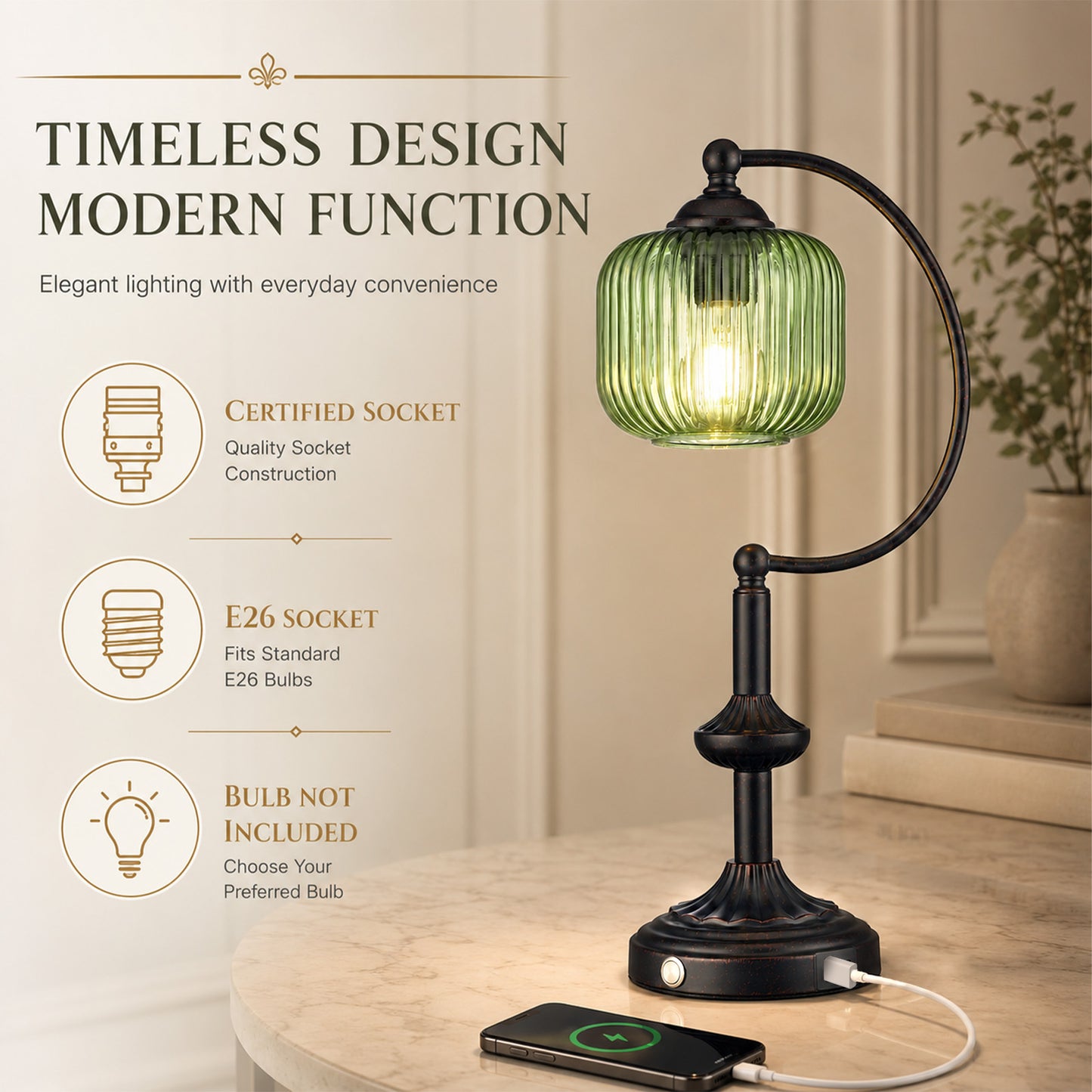 Cozyloom Black Table Lamp with Green Ribbed Glass Shade and USB-C + USB-A Charging Ports