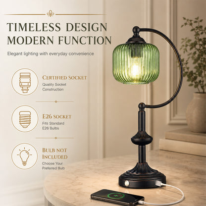 Cozyloom Black Table Lamp with Green Ribbed Glass Shade and USB-C + USB-A Charging Ports