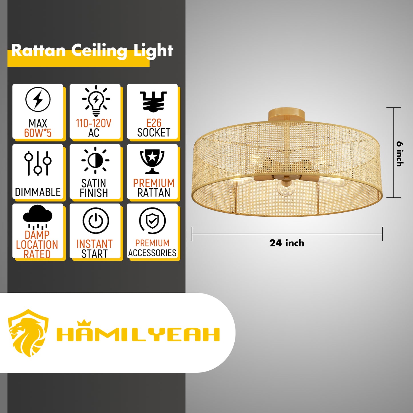 Loofcraft 24 inch Semi Flush Mount Ceiling Light