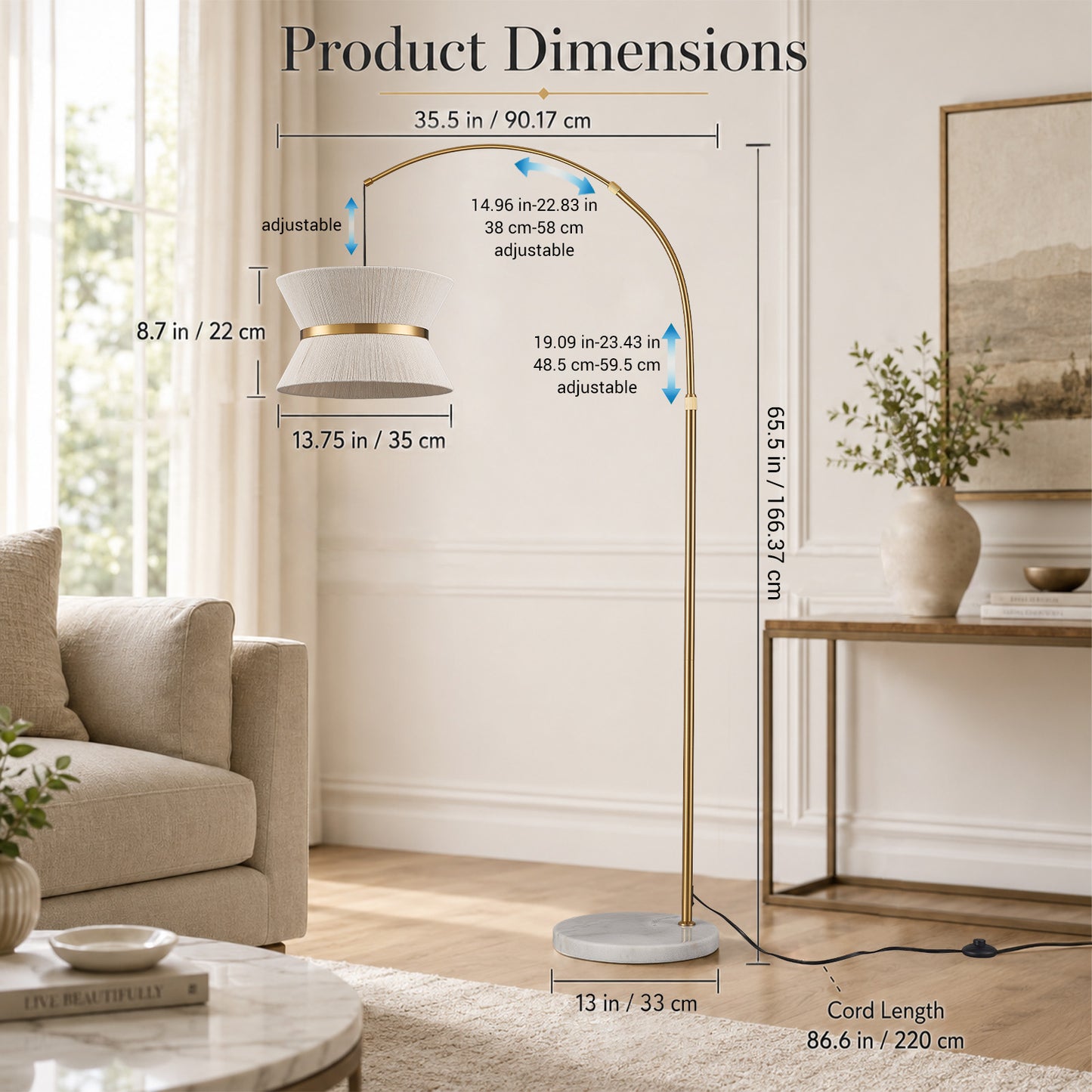 Lumora 65.5 Inch Gold Arc Floor Lamp with Hand-Woven Cotton Shade and White Marble Base
