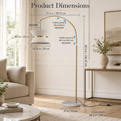 Lumora 65.5 Inch Gold Arc Floor Lamp with Hand-Woven Cotton Shade and White Marble Base