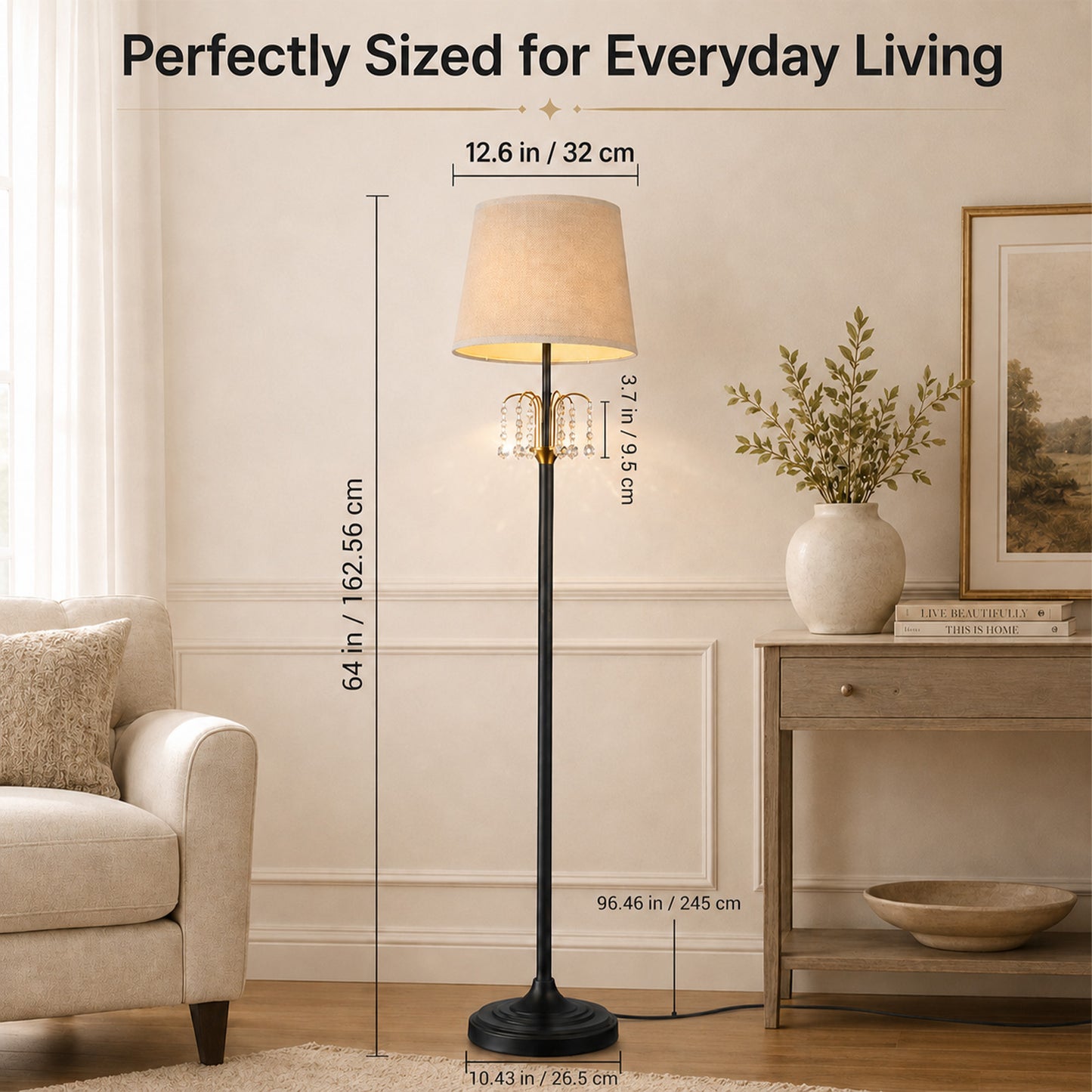Lumora Crystal Floor Lamp, 64 Inch Black and Gold Standing Lamp with Linen Shade