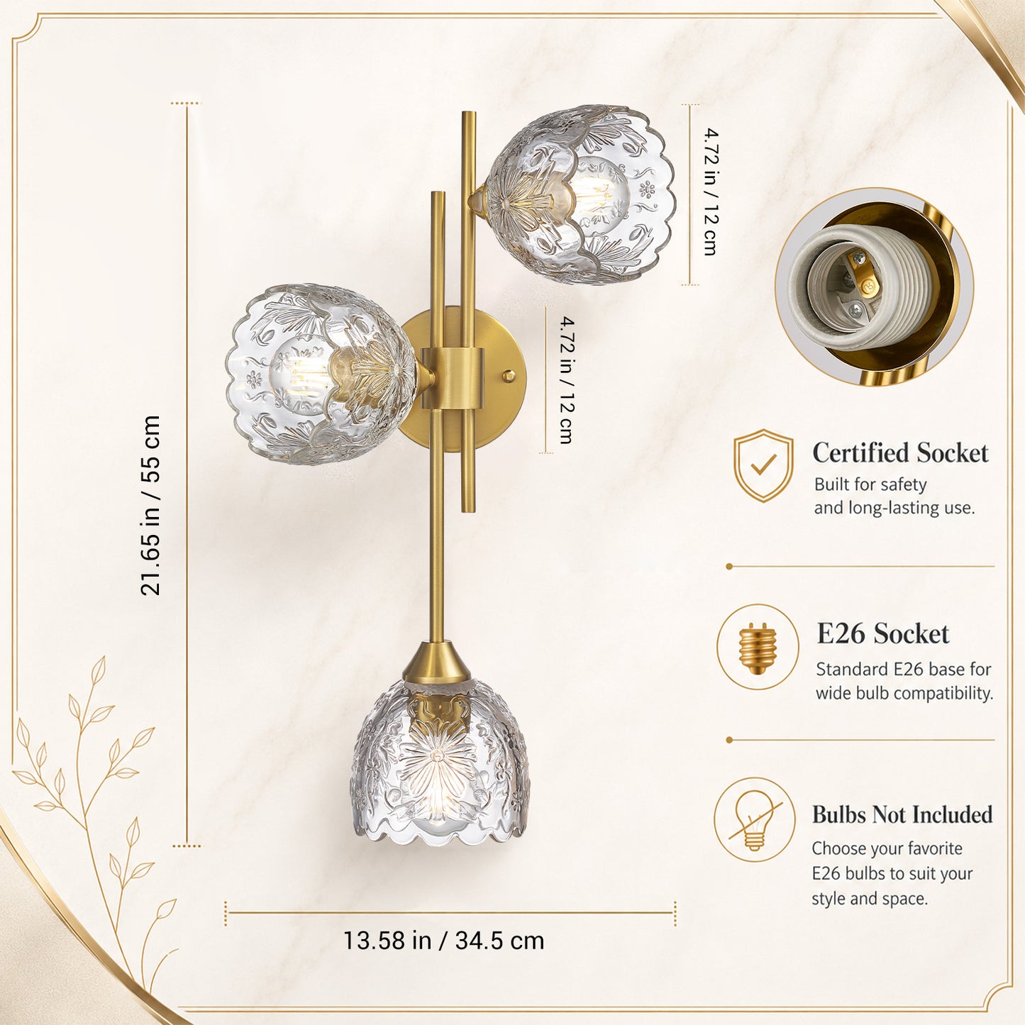 Aurelia 3-Light Gold Wall Sconce with Floral Glass Shades