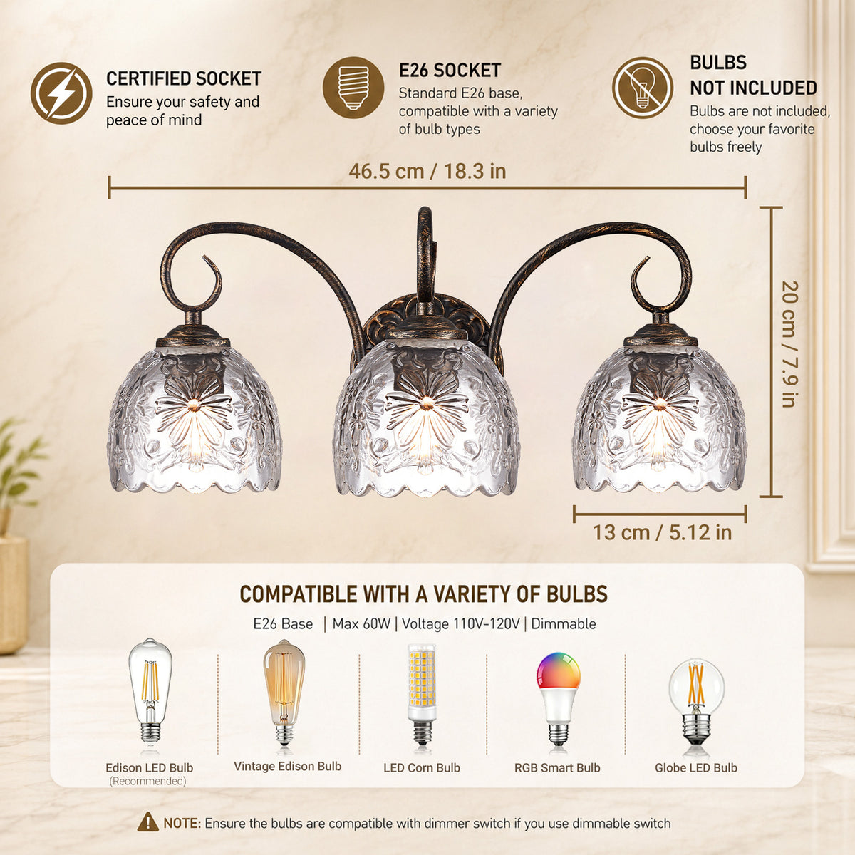 Aurelia 18.3-Inch Vintage Black 3-Light Bathroom Vanity Light