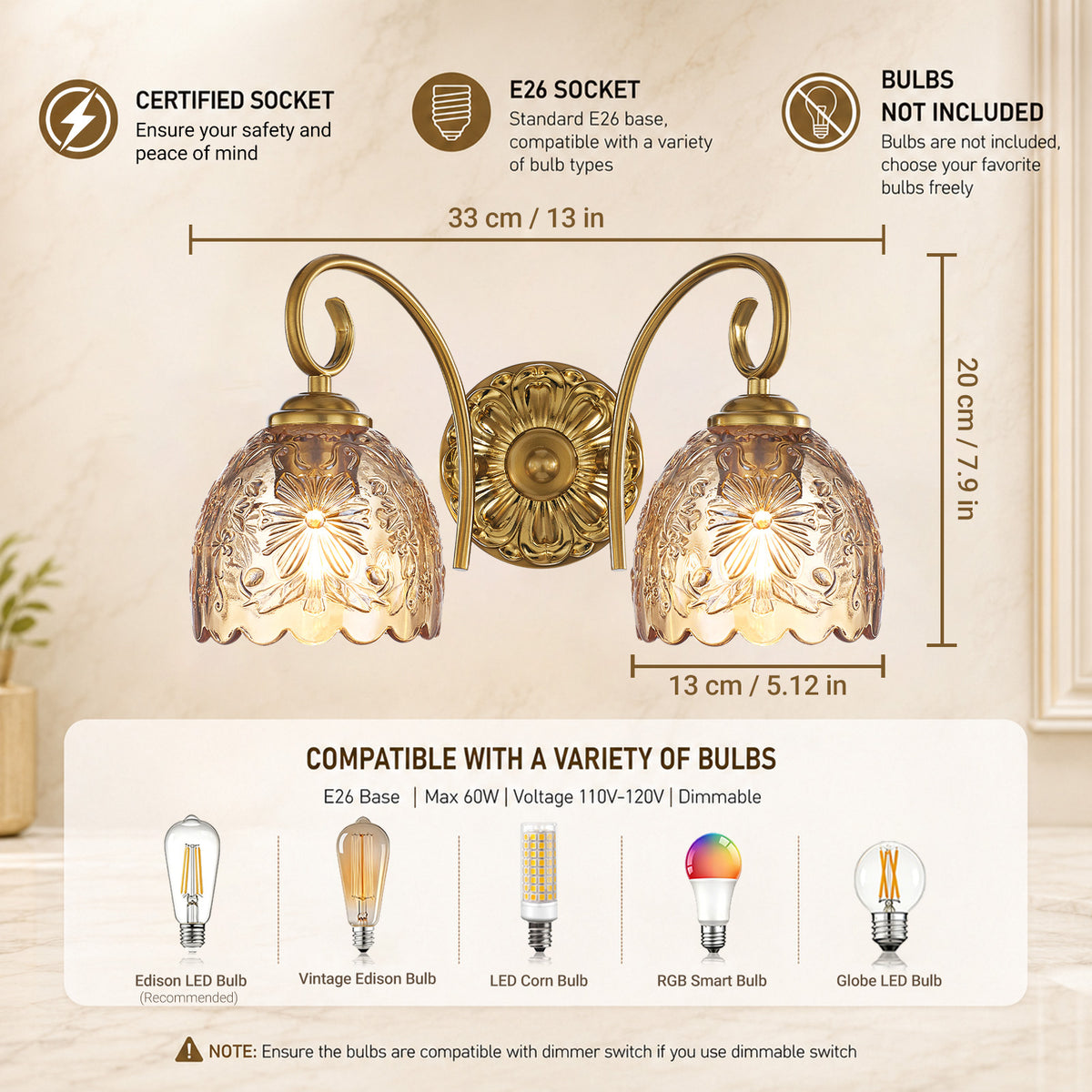 Aurelia Gold Vintage Bathroom Vanity Light, Amber Embossed Glass, 2-Light