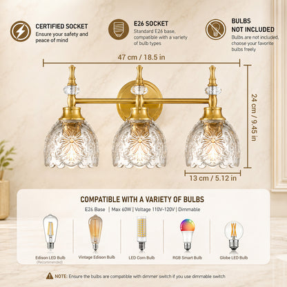 Aurelia 3-Light Floral Glass Vanity Light Brushed Gold Bathroom Vanity Light with Floral Glass Shades
