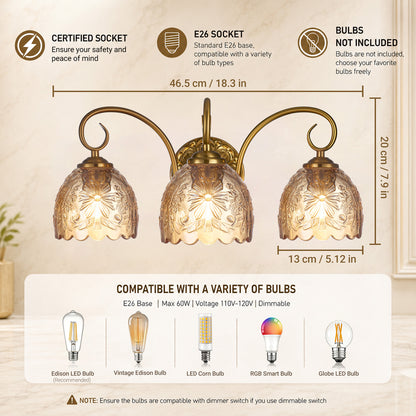 Aurelia Gold Vintage Bathroom Vanity Light, Amber Embossed Glass, 3-Light
