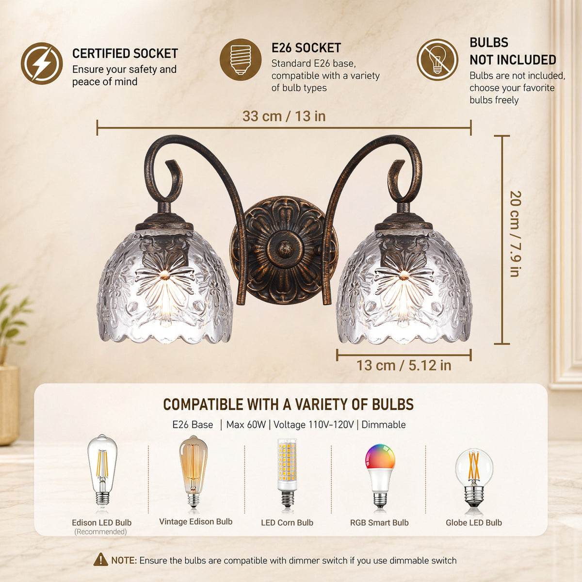 Aurelia 13-Inch Vintage Black 2-Light Bathroom Vanity Light